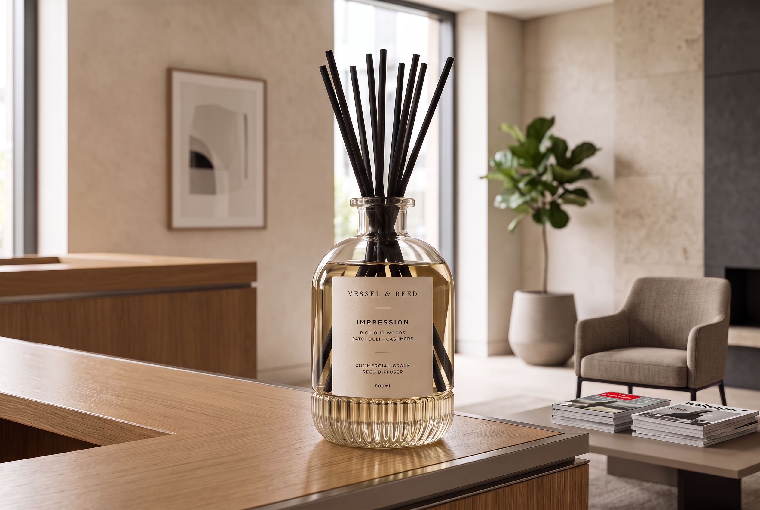 Vessel & Reed fluted glass reed diffuser with black reeds on an oak reception counter in a premium UK office foyer